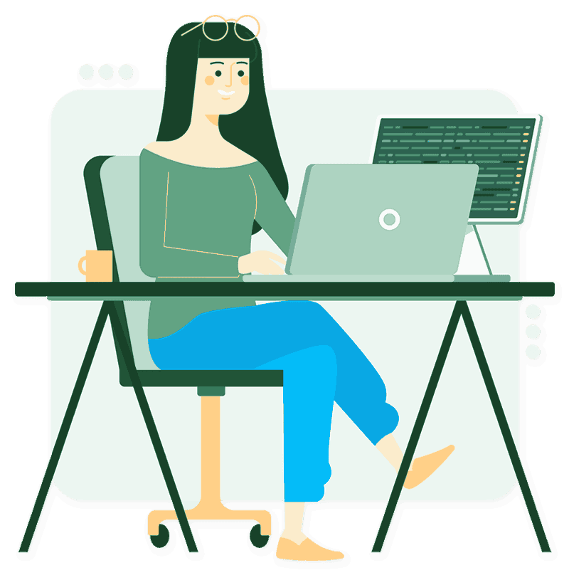 Cartoon depiction of a woman sitting at a desk working on her laptop with another monitor to the side of the laptop.