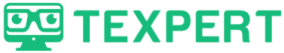 TEXPERT logo which is a cartoon depiction of a computer monitor wearing sunglasses in the color green